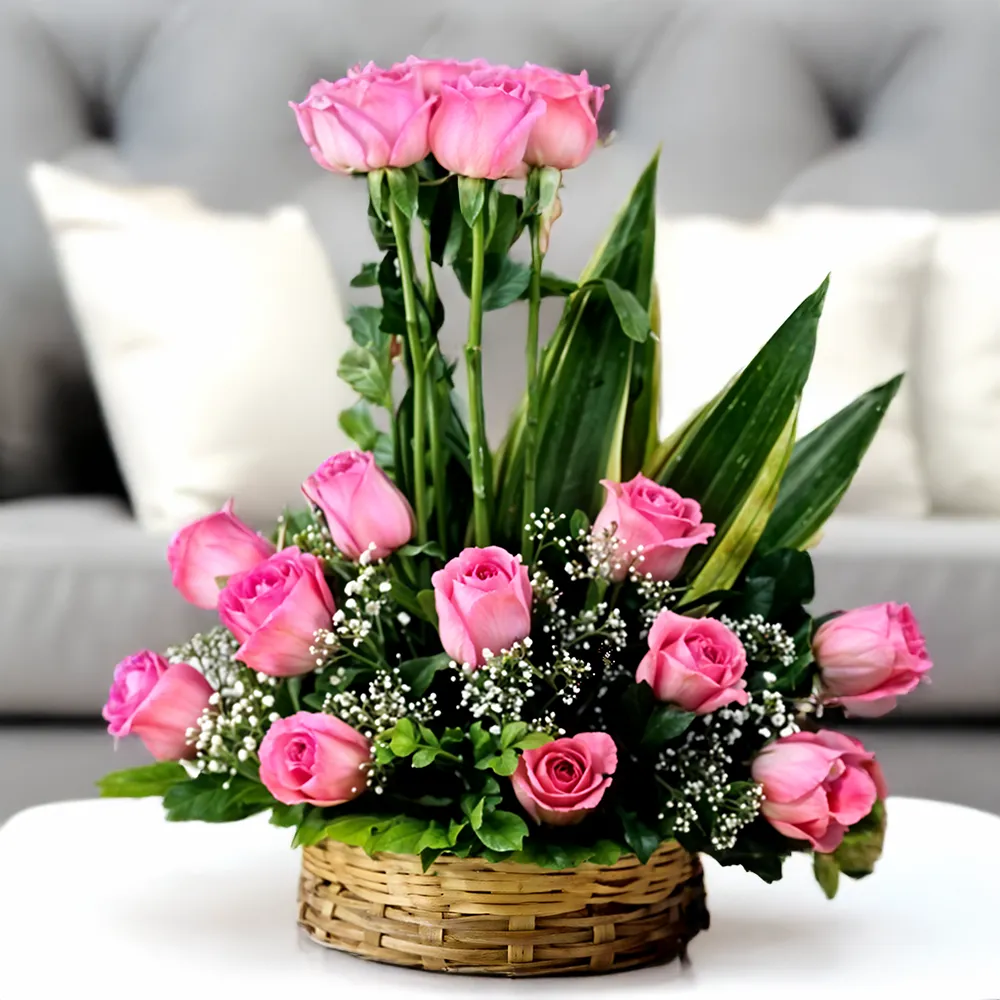 Elegant Pink Roses Basket
