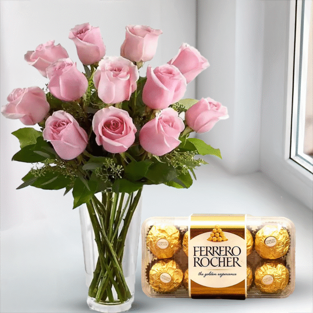 Ferrero Rocher Roz 10 Pink Rosrs with200g Ferrero Rocher - Fernso Floral