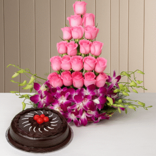 Elegant Pink Roses & Orchid Bouquet with Chocolate Cake