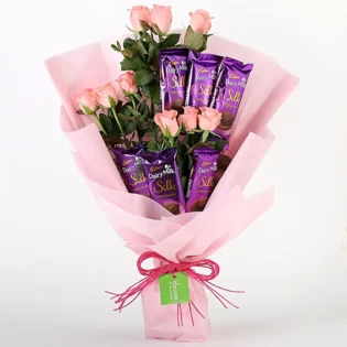 8 Pink Roses with 6 Silk Chocolate