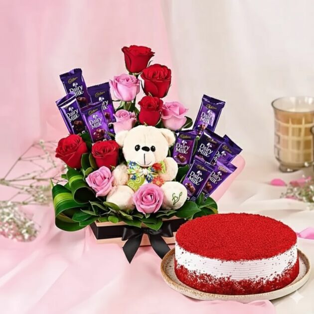 10 Mix Roses 10 Chocolate One Teddy Half Kg Red Velvet Cake - Fernso Floral