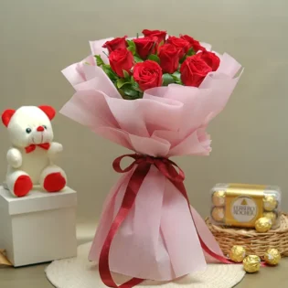 Royal Romance Gift Set 10 red roses Ferrero Rocher chocolates one teddy