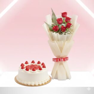 6 roses bouquet and Strawberry cake